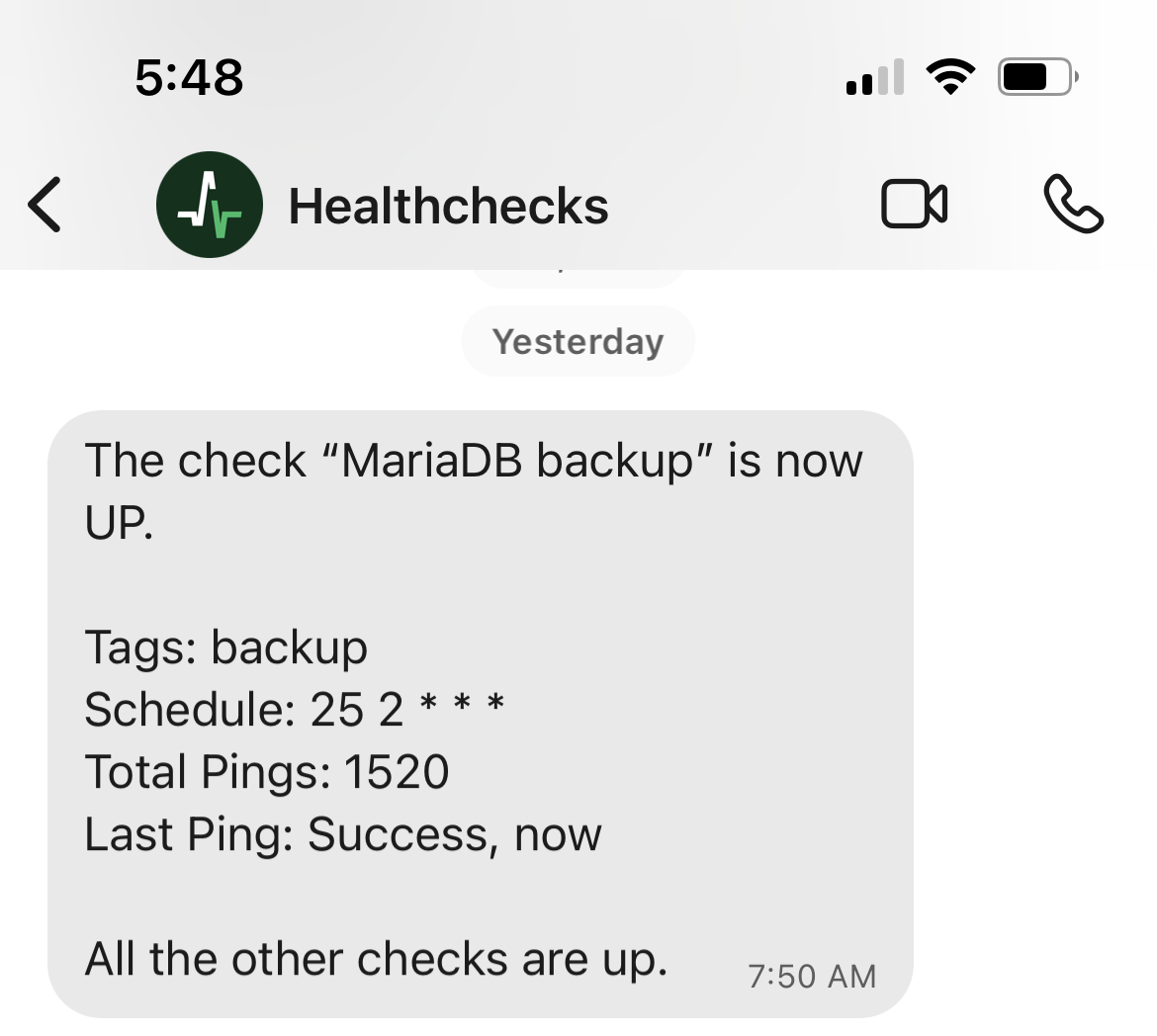 Second alert from Healthchecks.io